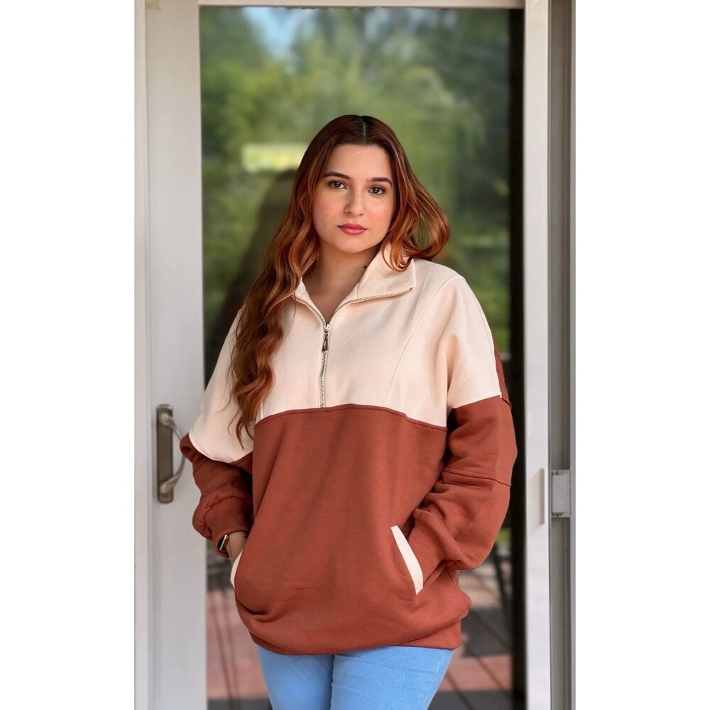 ZESICA HALF ZIP COLOR BLOCK HOODIES OVERSIZED PULLOVER SWEATER M
